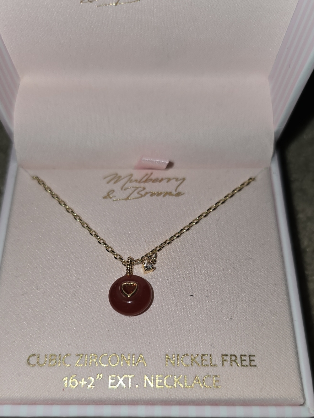 NIB Mulberry & Broome Necklace with Red Heart Disc Pendant 16+2" Extension